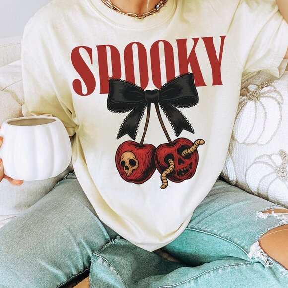 Tops - Spooky Skull Cherry Bow Halloween Tee, Graphic Tee